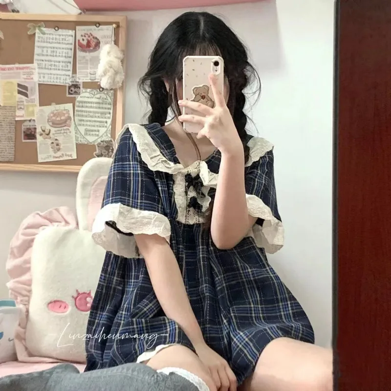 Korean Style Plaid Summer Pajamas word2