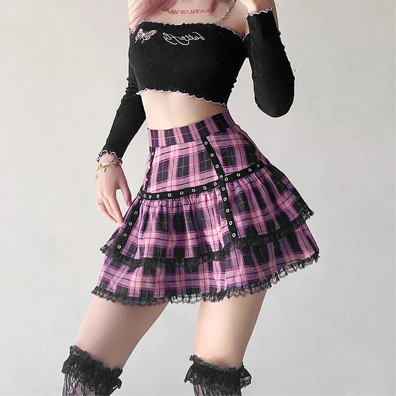 Ruffled Plaid Pink Mini Skirt - Mall Goth Aesthetic word1