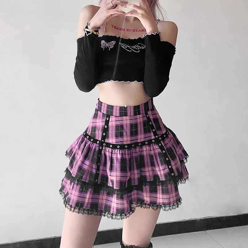 Ruffled Plaid Pink Mini Skirt - Mall Goth Aesthetic word1