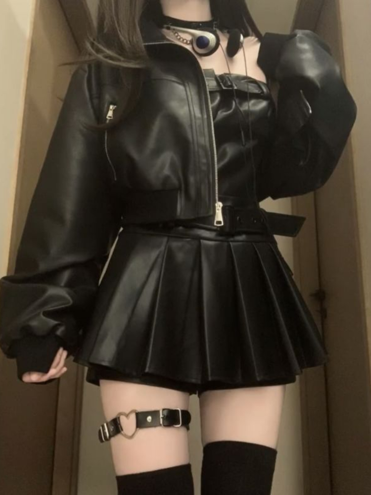 Korean-Style Vegan Leather Two Piece Set word2